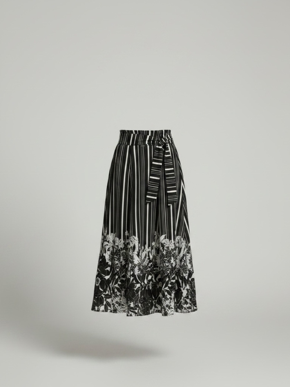 Black & White Floral Stripe Maxi Skirt with Paperbag Waist with Belt